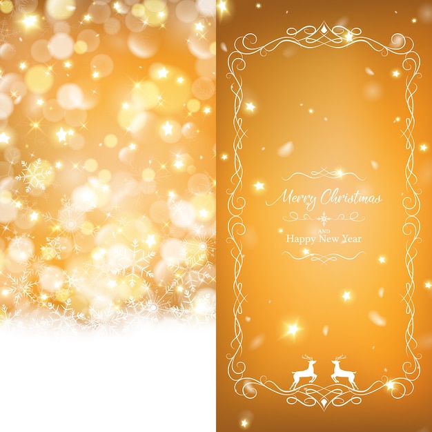 豊かな金色のボケと輝く星で飾られた暖かいクリスマスパンフレットのテンプレート。