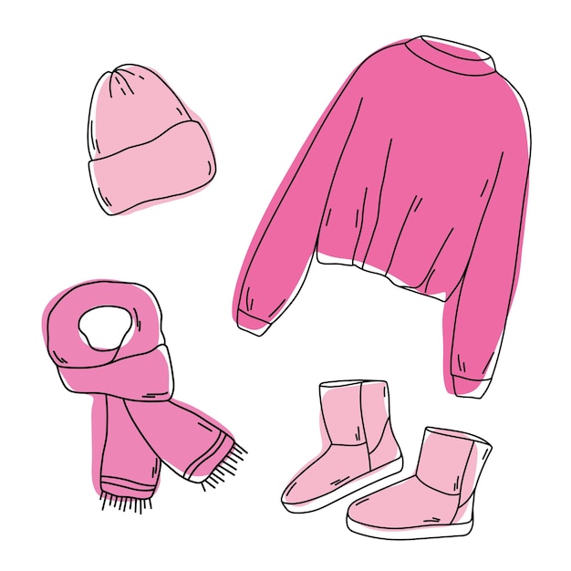 Warm clothes Knitted sweater hat scarf and ugg boots. Doodle winter clothes vector collection.