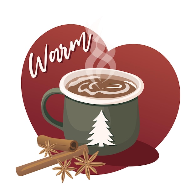 Vector warm and cozy winter drink coffee or cocoa with star anise and cinnamon. christmas cup, mug. vector.