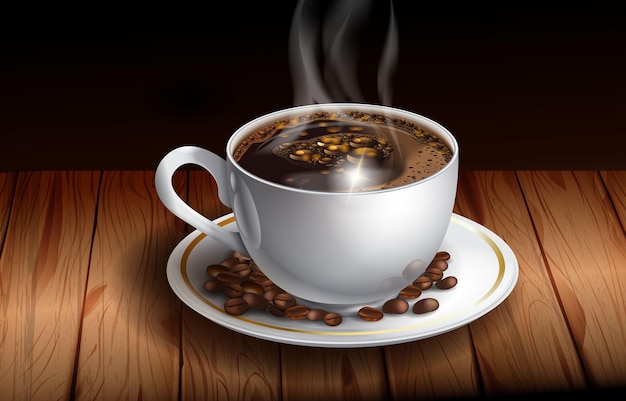 Vector warm cup of coffee with coffee beans