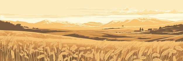 温かい夕方の田舎の風景と小麦畑 パノラマベクトルイラスト 農業