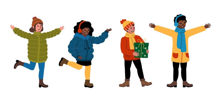 Vector warm geklede mensen genieten van een winterdag met feestelijke geest