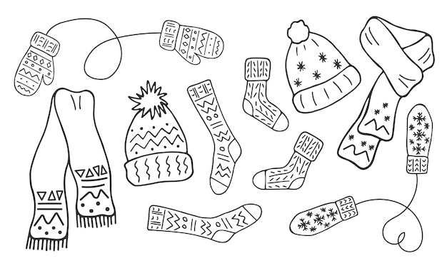 Warm knitted clothes set Winter autumn accessories collection doodle style Line drawn illustration