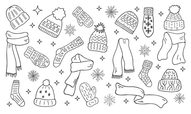 Warm knitted clothing set Winter accessories collection in doodle style Hats mittens socks scarves isolated background Line illustration