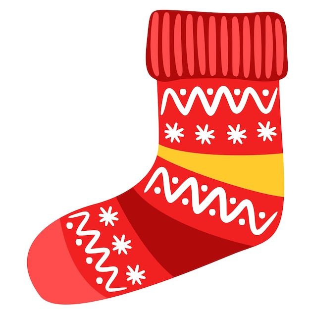 Теплый вязаный носок, украшенный полосками, снежинками, точками и зигзагообразными строчками. Красный цвет.