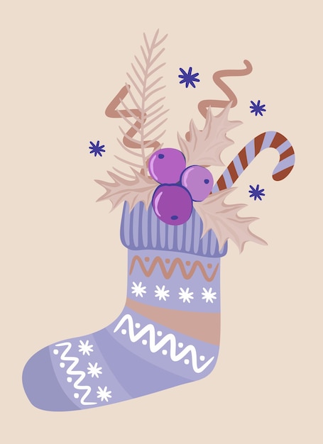 Warm knitted sock decorated with stripes snowflakes dots and zigzag lines with Christmas gifts