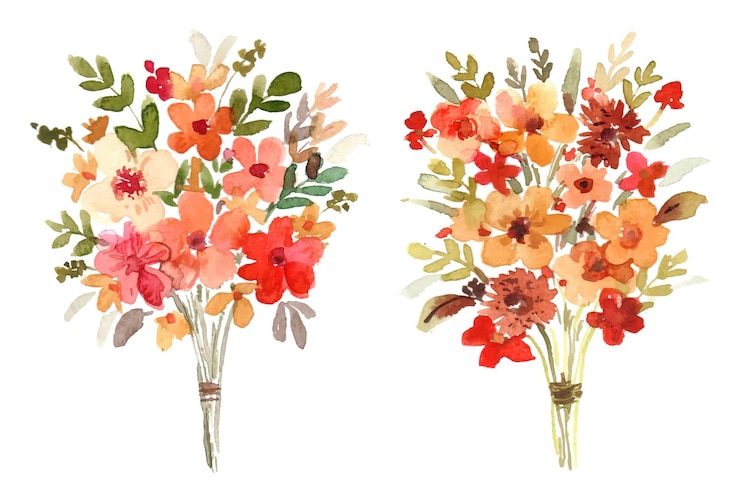 Warm and Red Watercolor Floral Bouquet Set