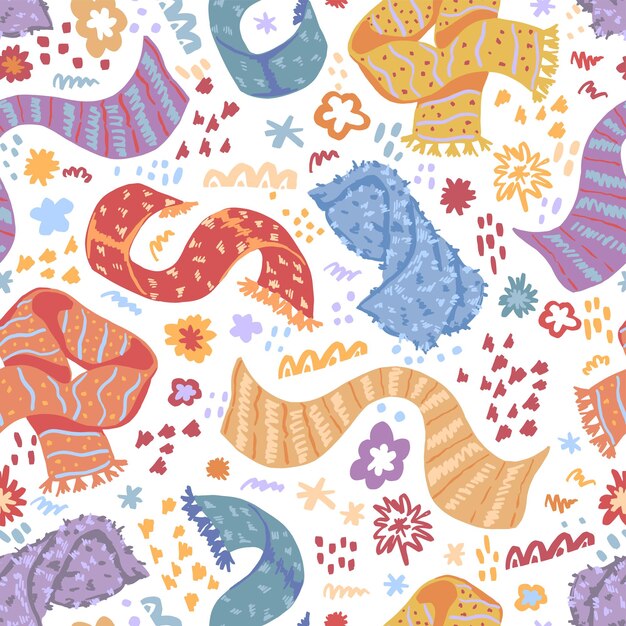 Warm scarves. flat hand drawn vector seamless pattern. colorful background in scandinavian style. cozy winter accessories wallpaper. abstract design for prints, decor, fabric, textile.