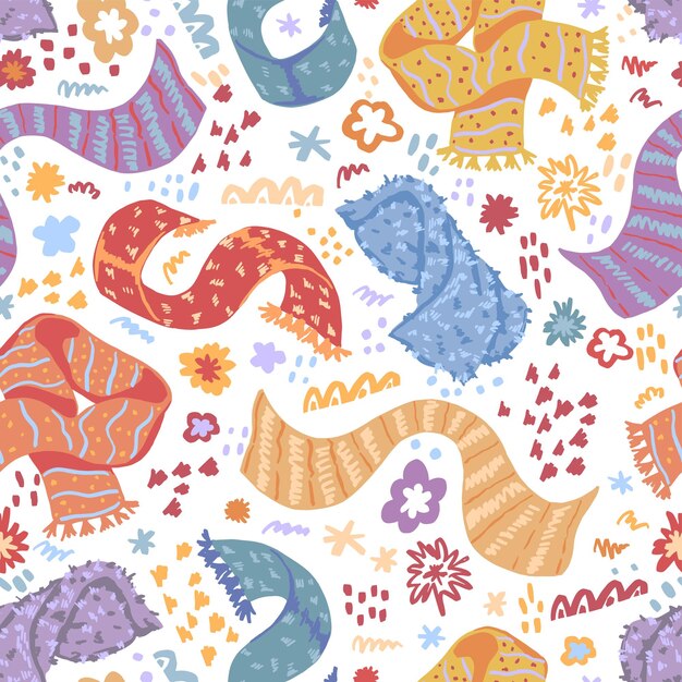 Warm scarves. Flat hand drawn vector seamless pattern. Colorful background in scandinavian style. Cozy winter accessories wallpaper. Abstract design for prints, decor, fabric, textile.