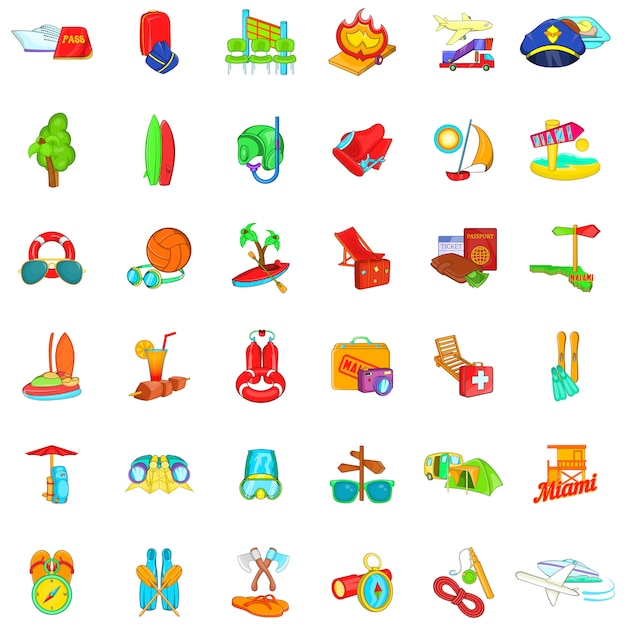 Warm vacation icons set, cartoon style