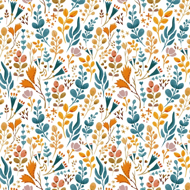 Warm vector pattern. Plant motifs of orange, turquoise, brown color. Seamless image on a transparent