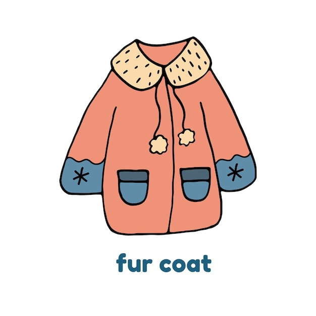 Vector warm winter children's fur coat with pockets hand drawing