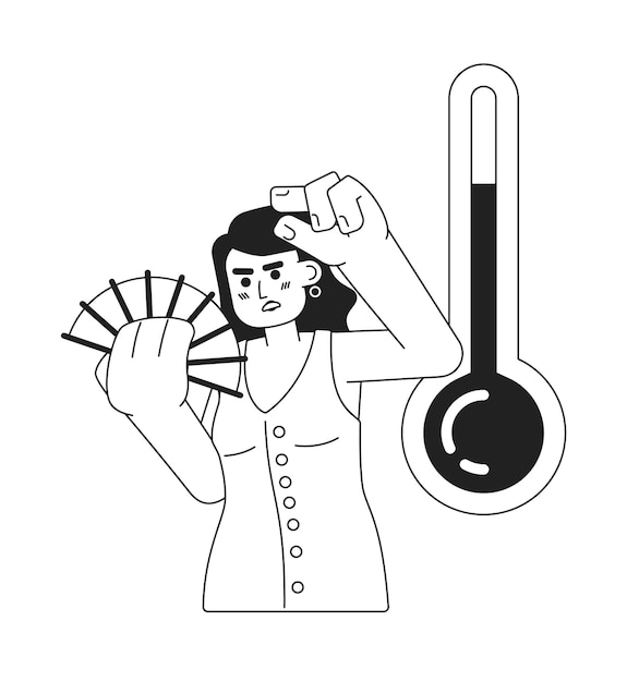 Warme dag met hoge temperatuur monochrome concept vector spot illustratie Vrouw zwaaiende hand fan 2D platte bw cartoon personage voor web UI design Heatwave geïsoleerd bewerkbare handgetekende held afbeelding