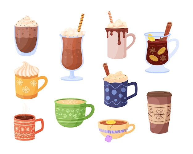 Warme dranken in mokken vector illustraties set. Kopjes met kerstversiering voor een gezellige sfeer, warme dranken: warme chocolademelk of chocolade, koffie geïsoleerd op een witte achtergrond. Winter vakantie concept