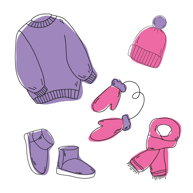 Warme kleding Gebreide trui, muts, sjaal en ugg-laarzen. Doodle winterkleren vector collectie
