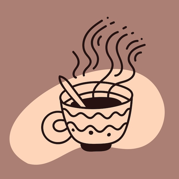 Warme kop koffie of thee doodle lijnstijl op bruine achtergrond, pictogram voor coffeeshop ontwerp.