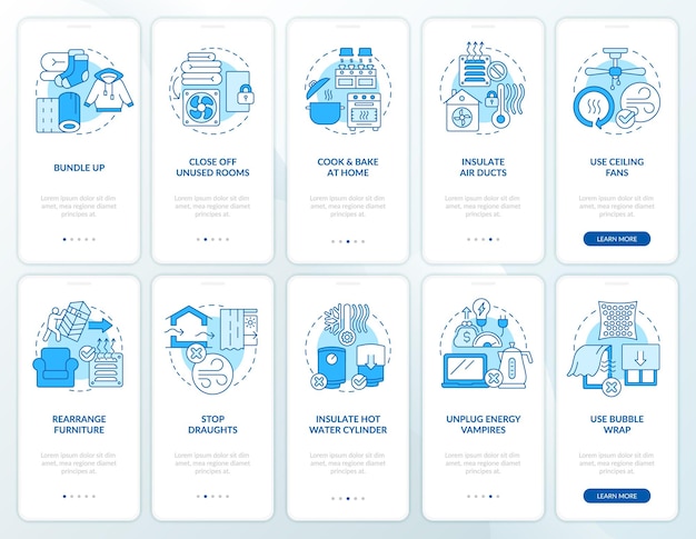 Warmte-energie verlagen met behulp van blauwe onboarding mobiele app-schermset