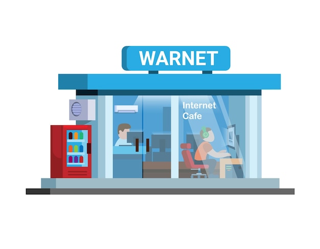 Warnet aka internet cafe building asia flat cartoon illustration vector