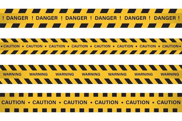 Vector warning, danger sign with yellow and black color. caution sign for police, accident, under construction, website. vector danger sign. caution tape set with black and yellow warning ribbons.