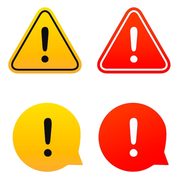 경고 아이콘이 설정되었습니다. 위험 경고 표시. 벡터 플랫 아이콘입니다. 빨간색과 노란색 - 앱에 대한 위험 경고 및