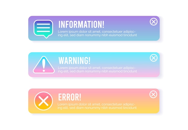 Vector warning information and error screens for mobile apps error alert ui box for web design