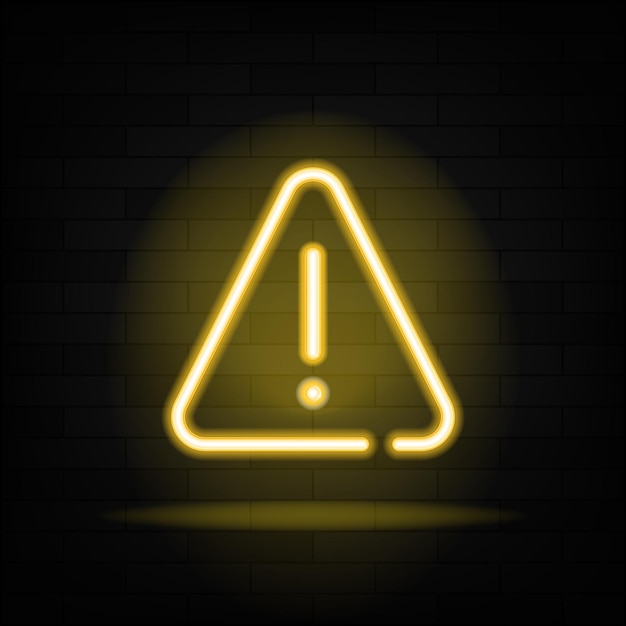 Warning neon text and triangle sign with exclamation mark. Caution design. Night bright neon sign, colorful billboard, light banner. Vector illustration in neon style.