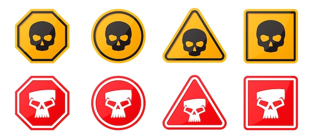 Vector warning sign collection with skull icon set of caution symbol with skull yellow and red hazard symbols sign toxic electricity chemical warning signs skull symbols in sign