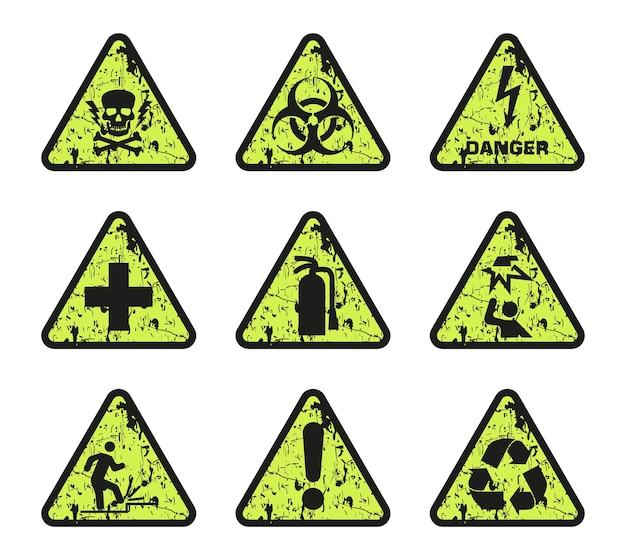 Vector warning sign vector icon set of aged triangular bright yellow warning signs vector illustration