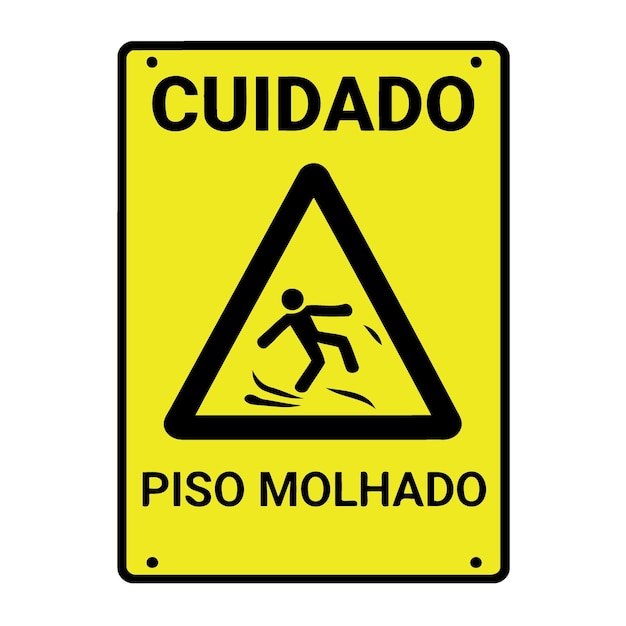 Warning sign with text caution wet floor in portuguese