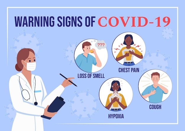 Warning signs of covid 19 poster flat vector template