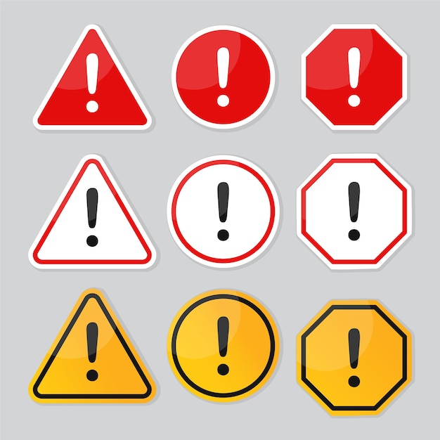 Vector warning signs danger with the exclamation mark in the middle