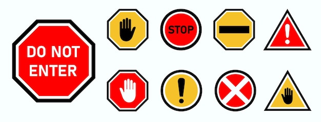 Warning signs. do not touch, attention, stop, prohibition symbols