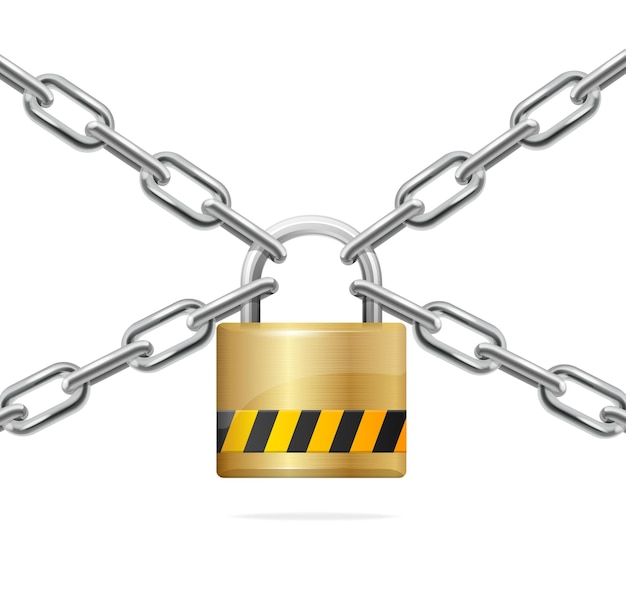 Предупреждающий полосатый золотой замок и металлическая цепочка.