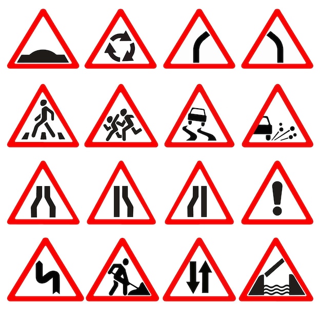 Vettore segnaletica stradale triangolo d'avvertimento dosso rotatoria curva pericolosa attraversamento pedonale bambini ecc