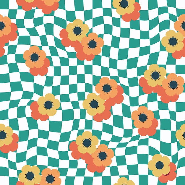 Warped retro checkerboard seamless pattern with abstract groovy flowers