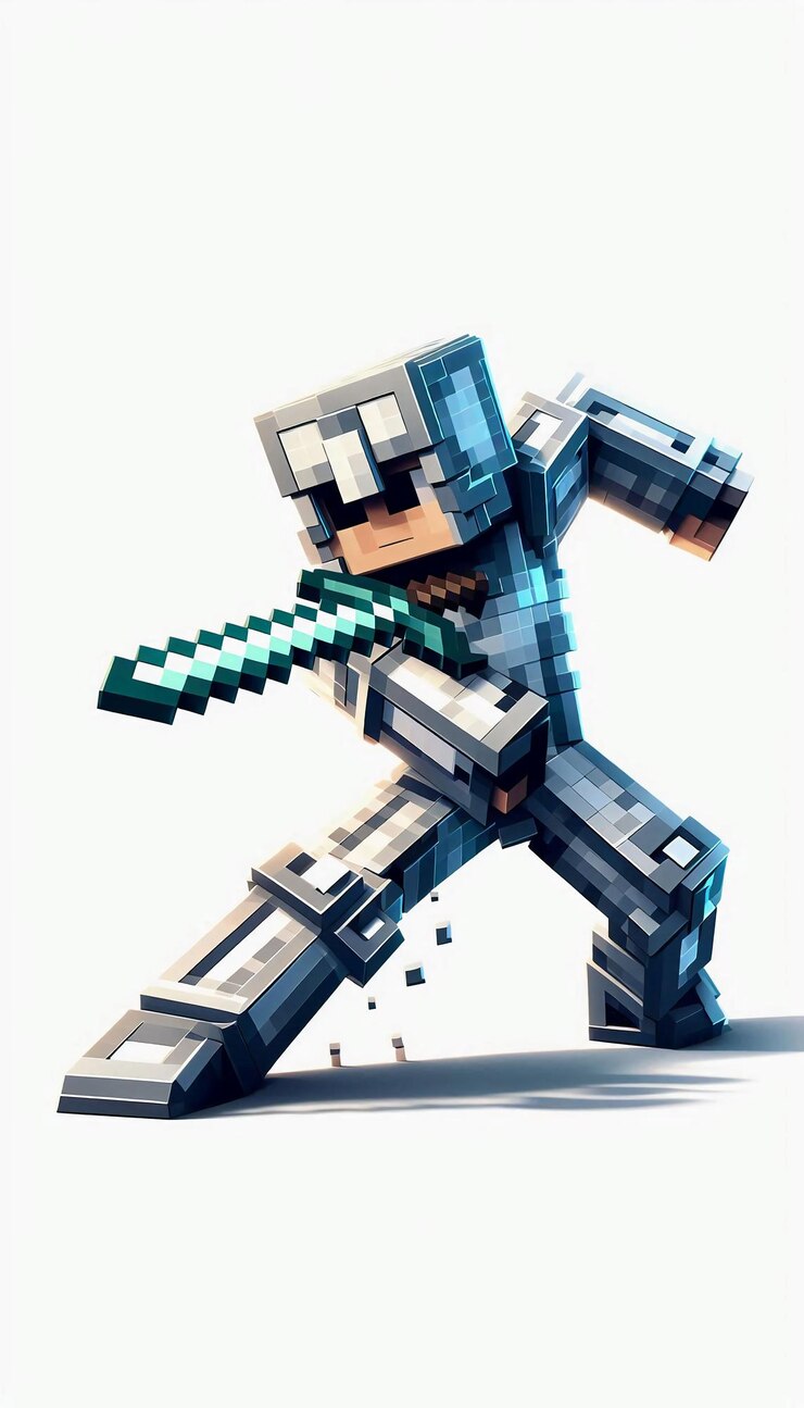 Вектор воин в боевой позиции из minecraft, динамически владеющий мечом идеально подходит для игровых плакатов