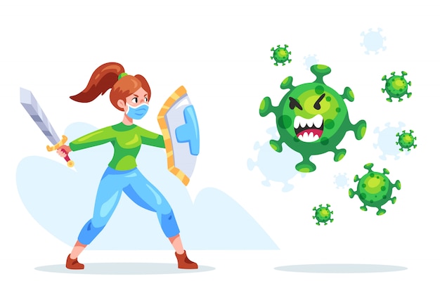 Vector warrior girl fighting virus