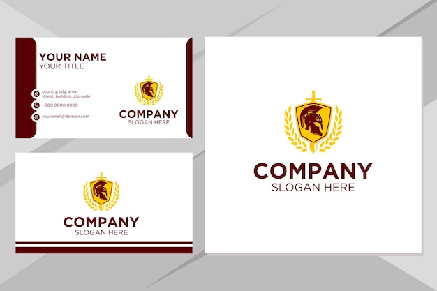 Шлем воина и логотип щита для компании с шаблоном визитной карточки