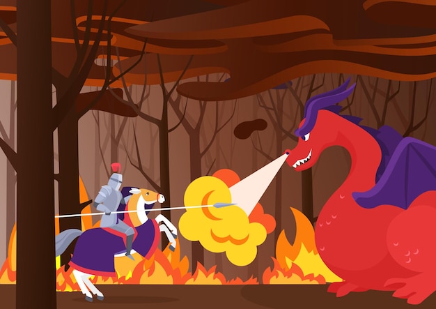 Vector warrior knight fights dragon hero riding horse with shield and spear in burning forest