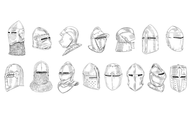 Vettore casco di cavaliere guerriero collezione disegnata a mano