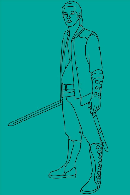 warrior man with sword line art
