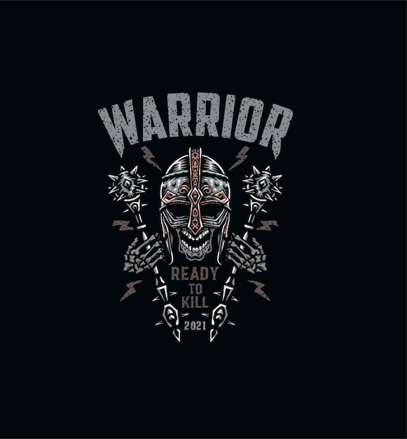 Vector warrior skull, t shirt graphic design, hand drawn line style with digital color