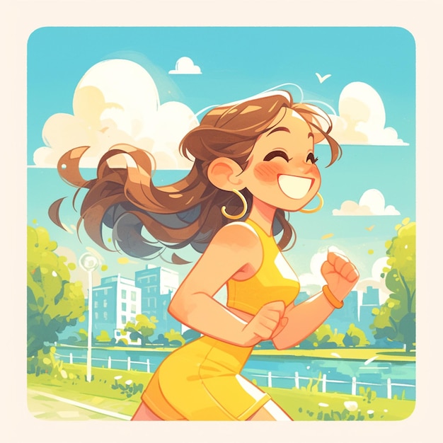 A warsaw girl jogs in a park in cartoon style