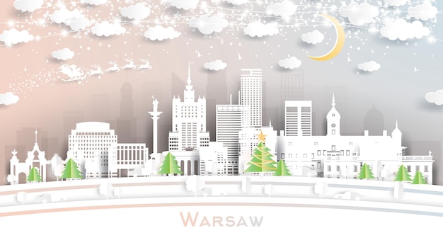 Warsaw Poland City Skyline in Paper Cut Style with Snowflakes Moon and Neon Garland