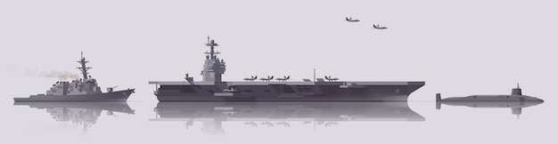 Vector warship set. aircraft carrier, destroyer, submarine. collection