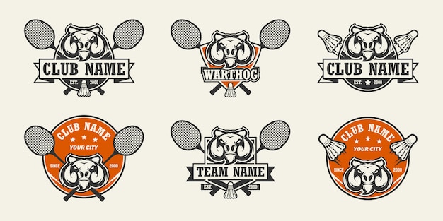 Warthog hoofd sport logo. Set badminton logo's.