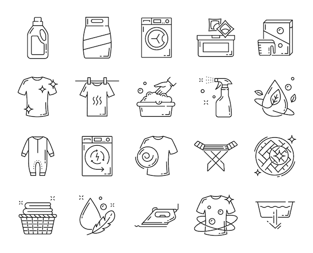 Vector was- en stomerijlijnpictogrammen, vectorwasmiddelen en symbolen. kledingreiniging en wasserette iconen van wasmachine, wasverzachter en wascapsules voor handdoeken handwas