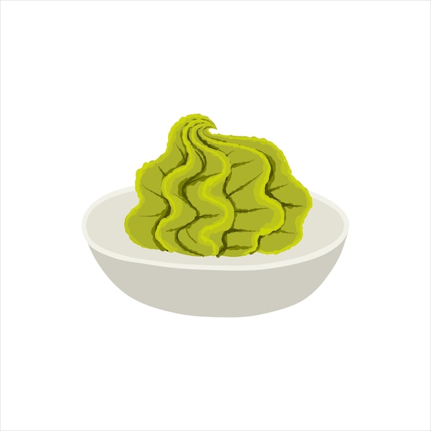 Wasabi in keramische kom. Japanse specerij voor sushi. Aziatisch eten. Vector clipart.