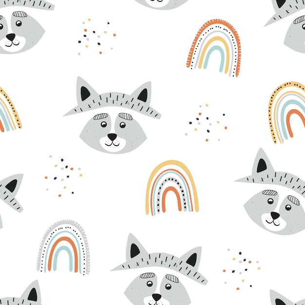 Wasbeer en regenbogen. Naadloze patroon. Leuke babyprint. vector illustratie