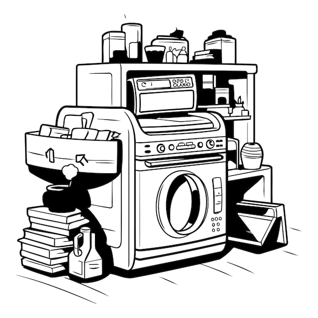 Wasdienst Zwart-wit vectorillustratie van wasmachine en kleding